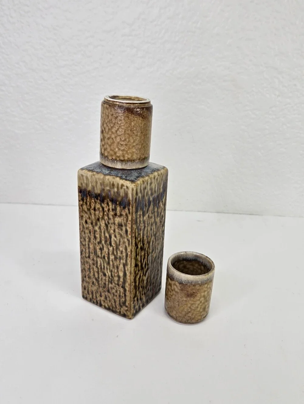 Vintage Japanese Stoneware Sake Drink Set Pottery Brown Lava Drip Glaze Set